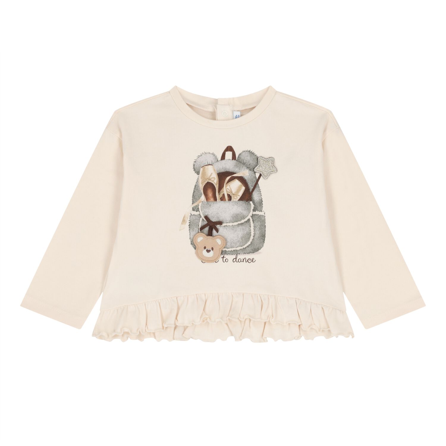 Younger Girls Ivory Bag Ruffled Long Sleeve Top, 2, hi-res