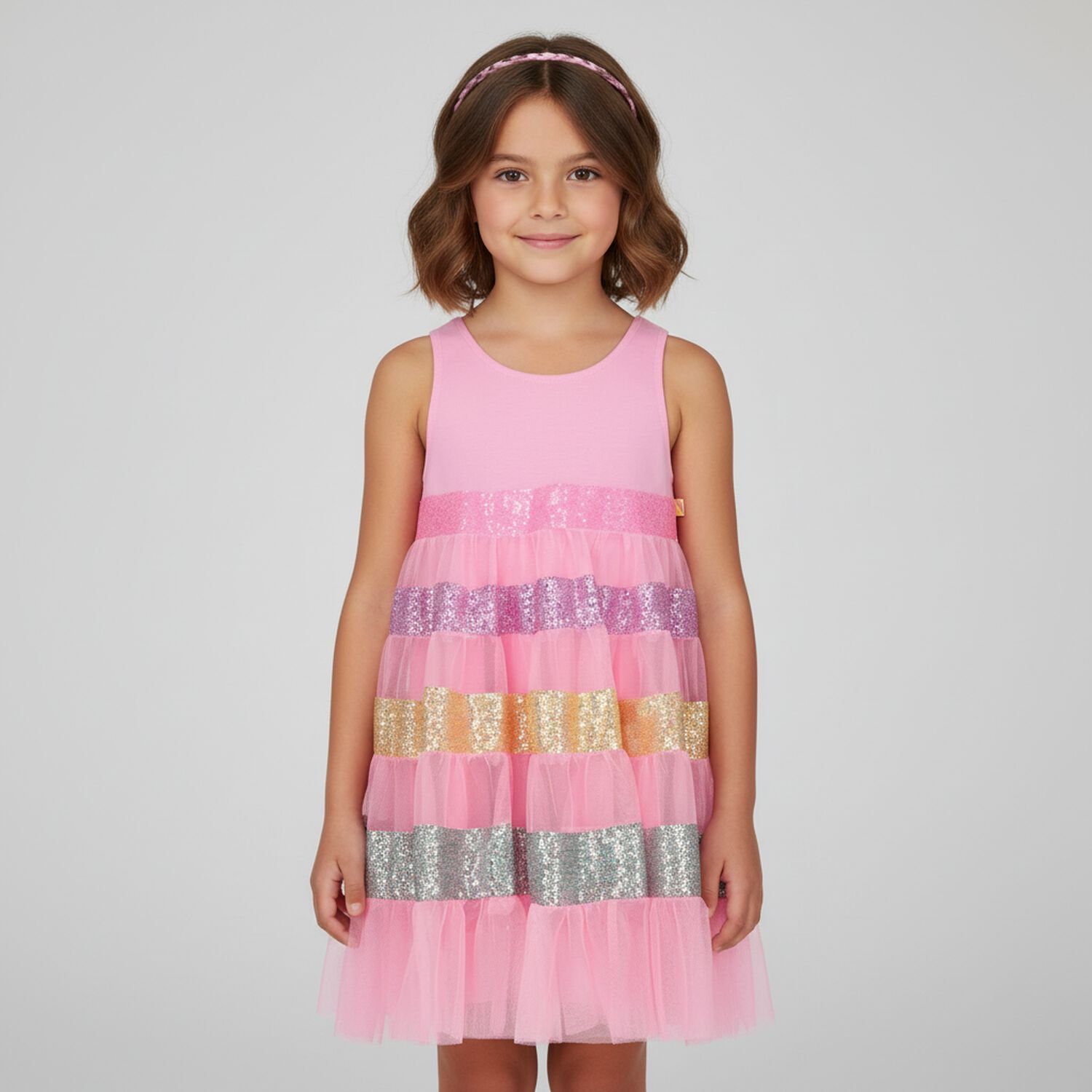 Girls Pink Tulle Sequin Dress, 1, hi-res