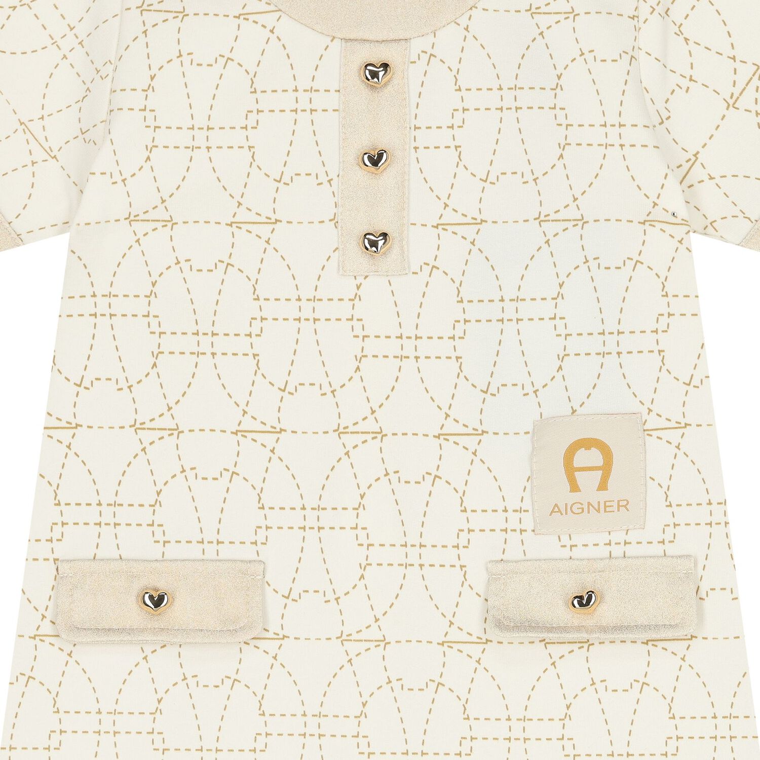 Younger Girls Ivory & Gold Logo Dress, 1, hi-res