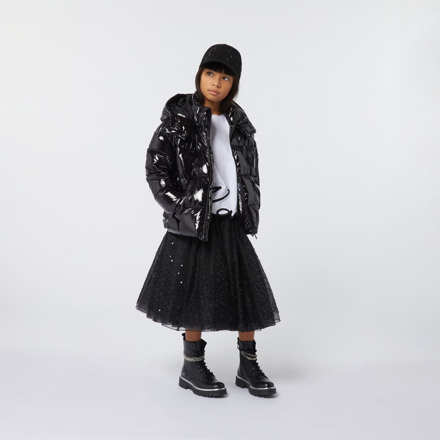 Girls Black Logo Tulle & Sequin Skirt, 1, hi-res image number null