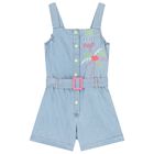 Girls Blue Denim Embroidered Playsuit, 1, hi-res