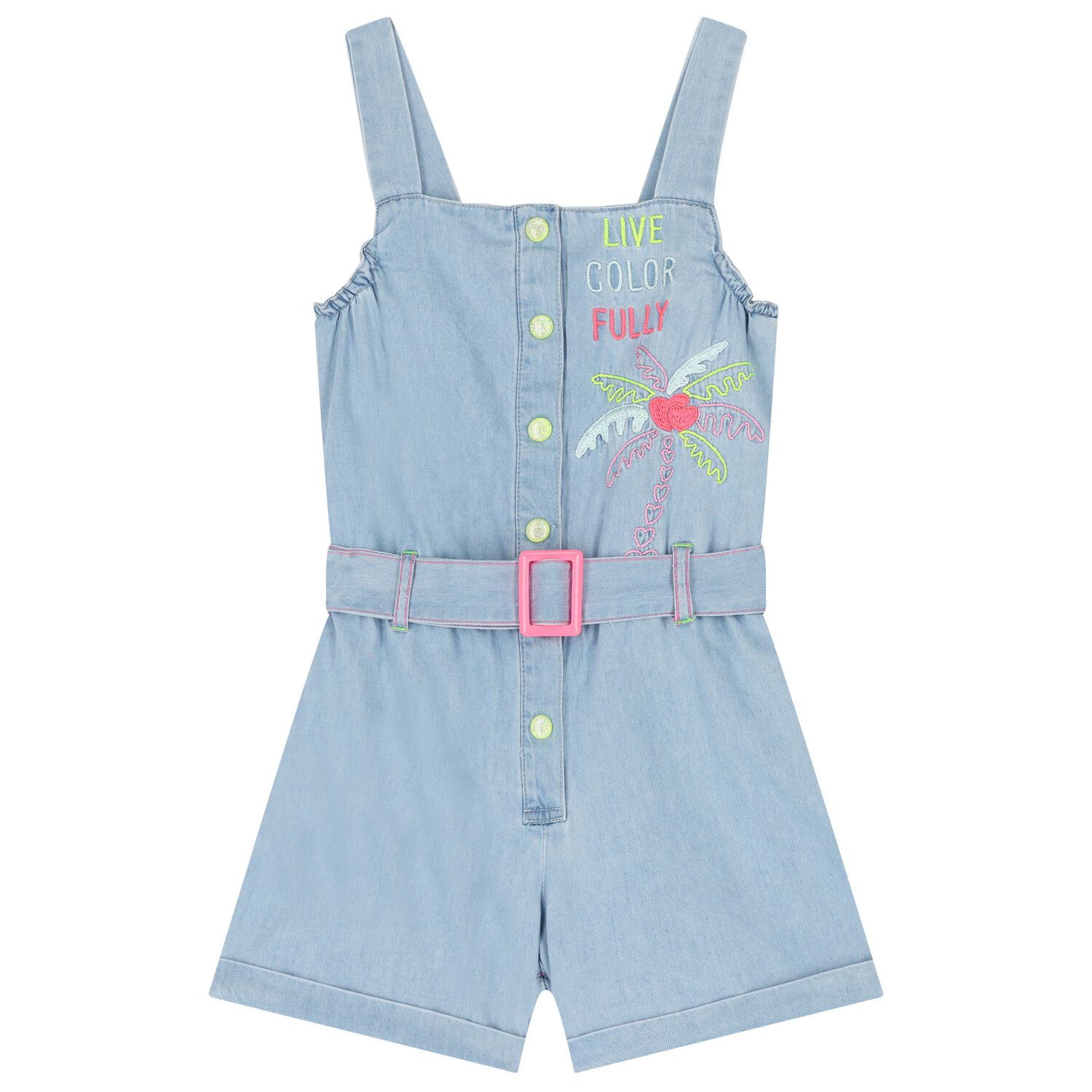Girls Blue Denim Embroidered Playsuit, 1, hi-res