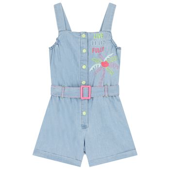 Girls Blue Denim Embroidered Playsuit