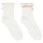 Girls White & Beige Bow & Pearl Socks ( 2-Pack ) , 2, hi-res