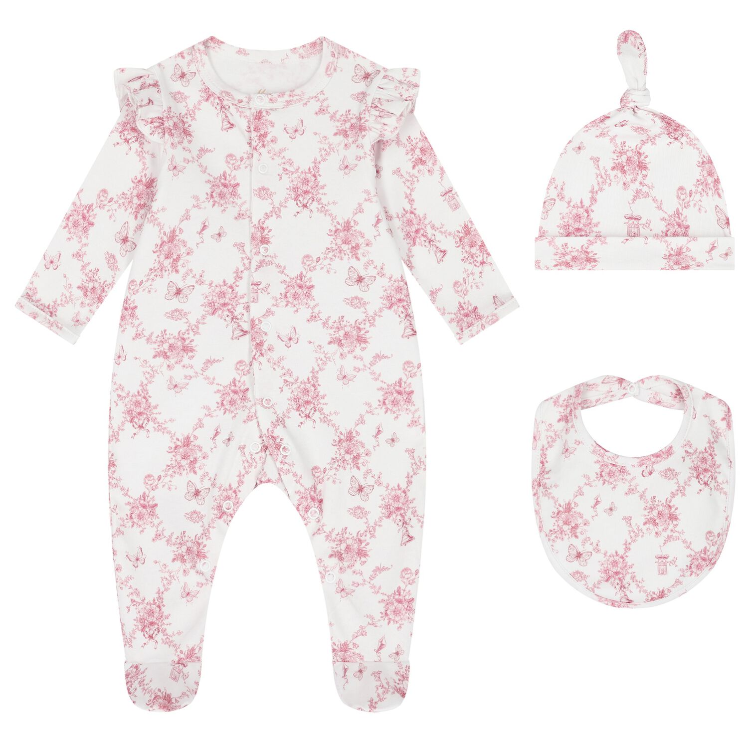 Baby Girls White & Pink Floral & Butterflies Babygrow Set, 1, hi-res