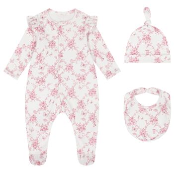 Baby Girls White & Pink Floral & Butterflies Babygrow Set