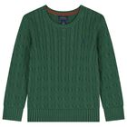 Boys Green Logo Cable Knit Sweatshirt, 2, hi-res