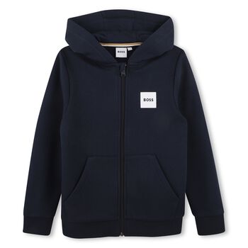 Boys Navy Blue Logo Hooded Zip Up Top
