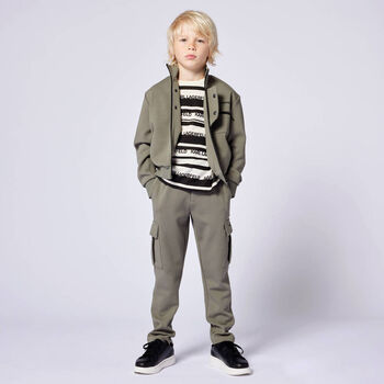 Boys Ivory & Black Striped Logo T-Shirt