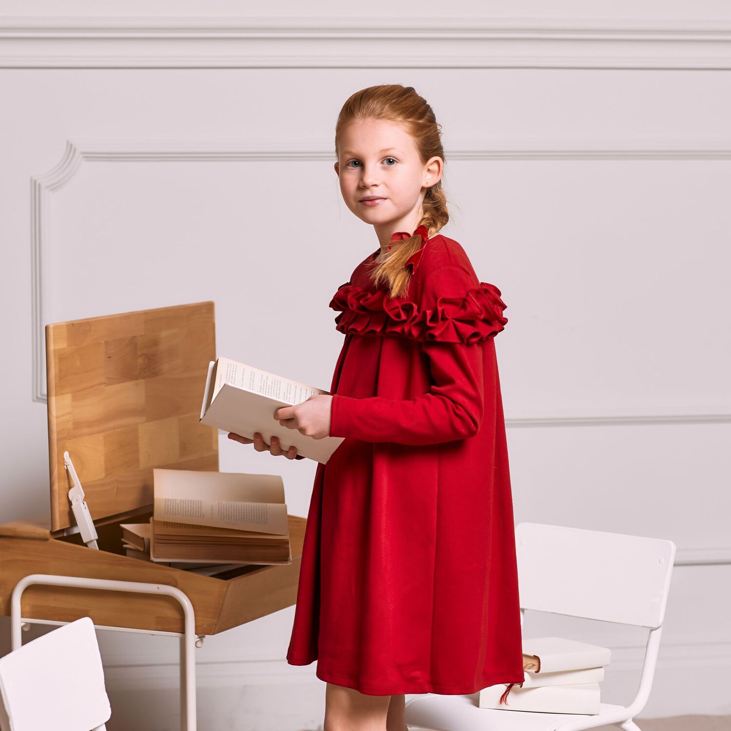Girls Red Pleated Dress, 1, hi-res
