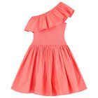 Girls Coral Pink Asymmetric Dress, 1, hi-res