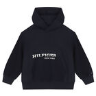 Boys Navy Blue Logo Hooded Top, 1, hi-res