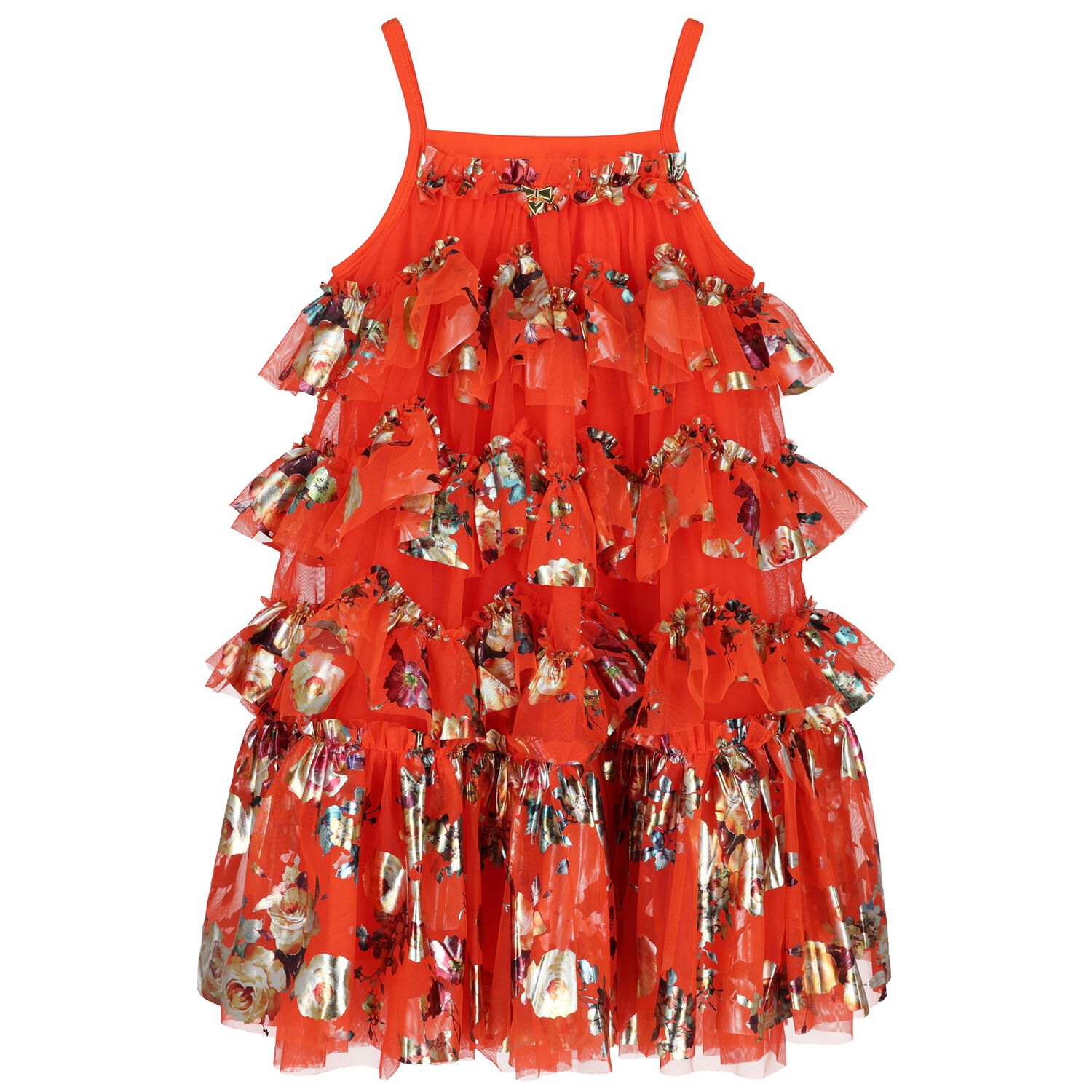 Girls Red Ruffled Tulle Dress, 2, hi-res