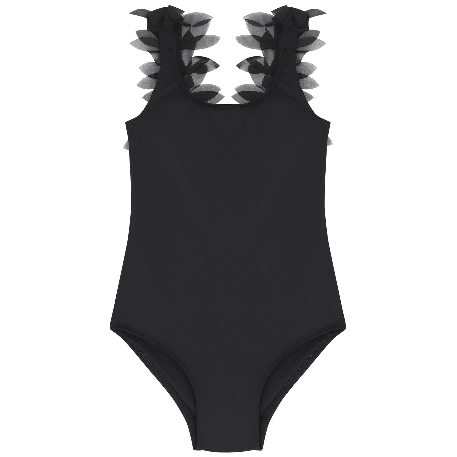 Girls Black Petal Swimsuit, 1, hi-res
