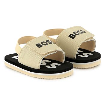 Boys Beige & Black Logo Sandals