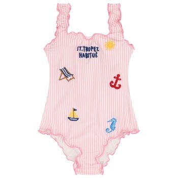 Girls Pink & White Striped Swimsuit
