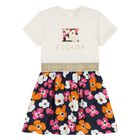 Younger Girls Ivory & Navy Blue Logo Floral Dress, 1, hi-res