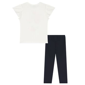 Girls White & Navy Blue Floral Leggings Set