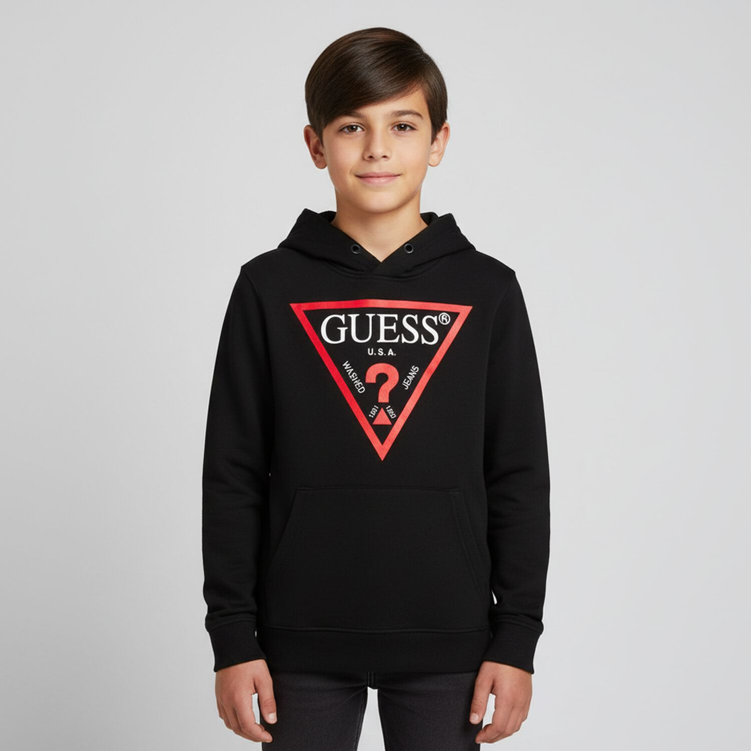 Boys Black Logo Hooded Top, 1, hi-res image number null