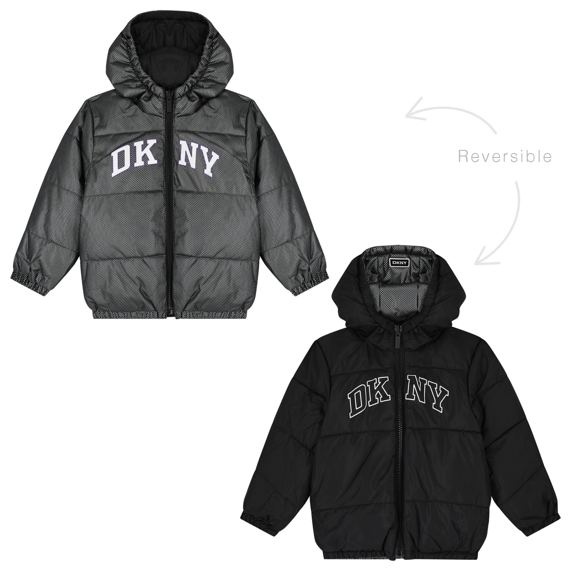 DKNY Black Logo Reversible Puffer Jacket Junior Couture UK