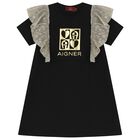 Girls Black & Gold Logo Dress, 1, hi-res