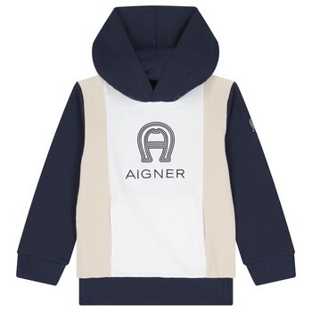 Boys Navy Blue & White Logo Hooded Top