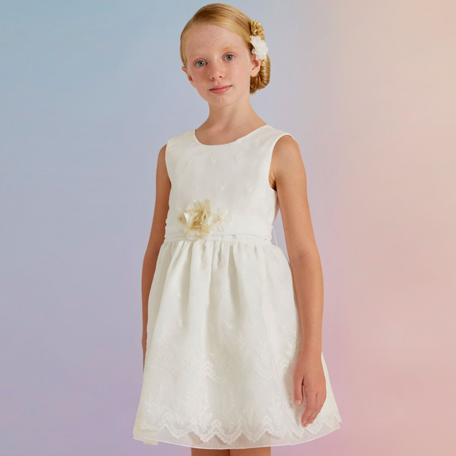 Girls White Embroidered Organza Dress, 2, hi-res image number null