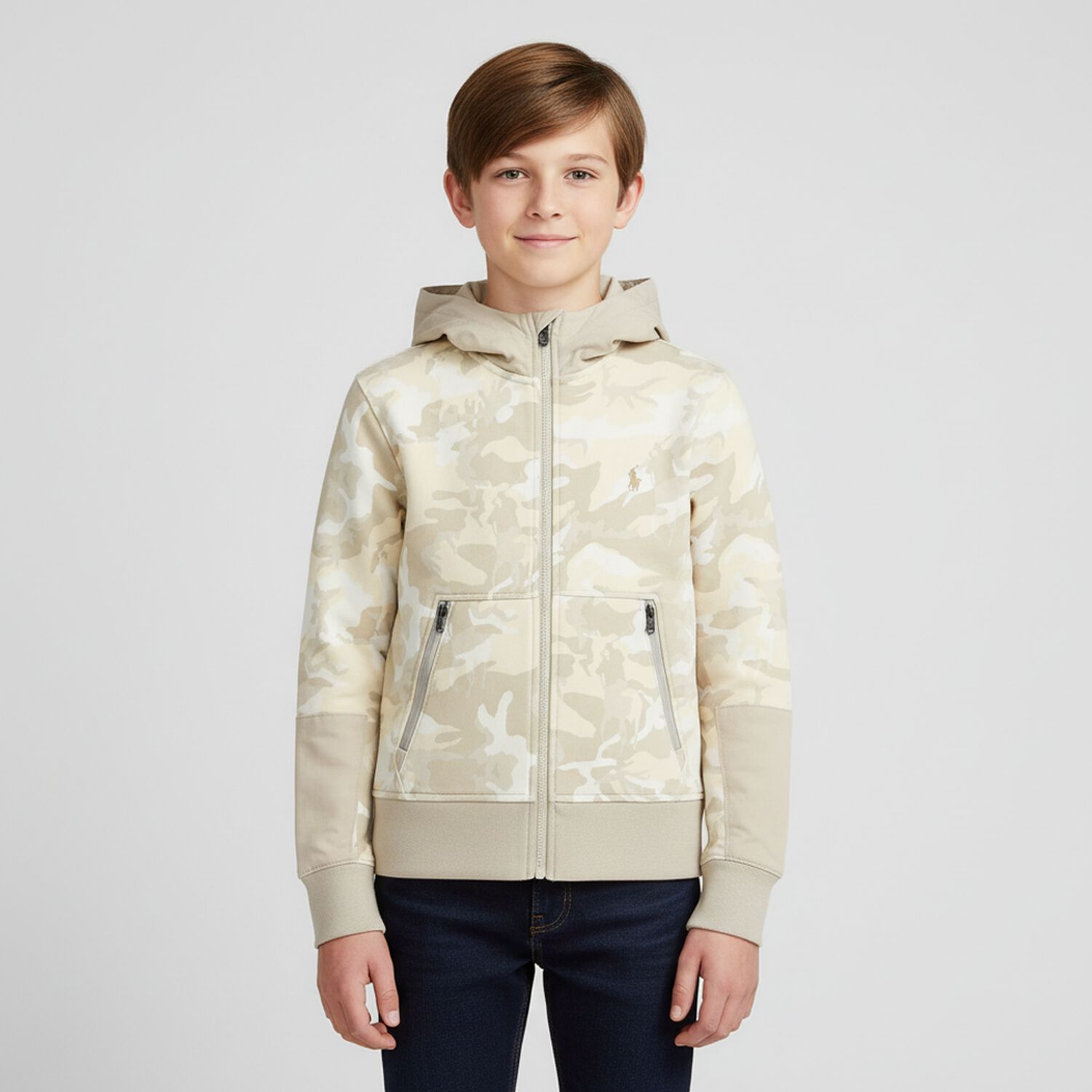 Boys Beige Camouflaged Logo Zip Up Top, 1, hi-res image number null