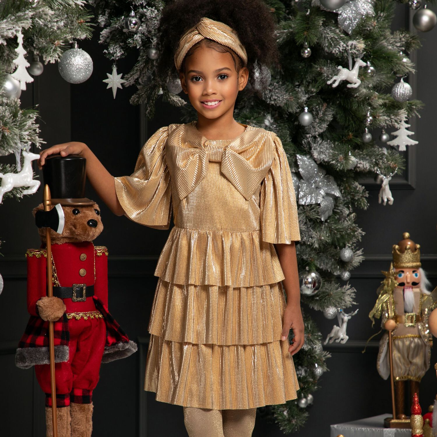 Girls Metallic Gold Tiered Dress, 1, hi-res image number null