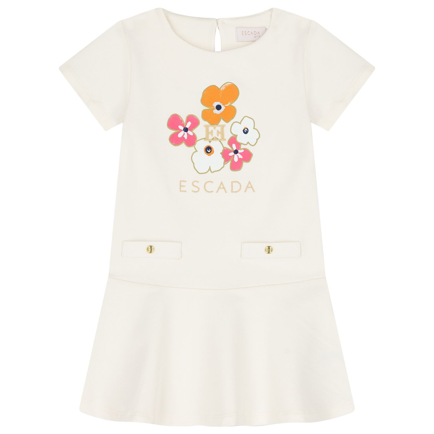 Girls Ivory Floral Logo Dress, 1, hi-res