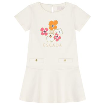 Girls Ivory Floral Logo Dress