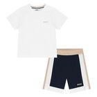 Younger Boys White & Navy Blue Shorts Set, 1, hi-res