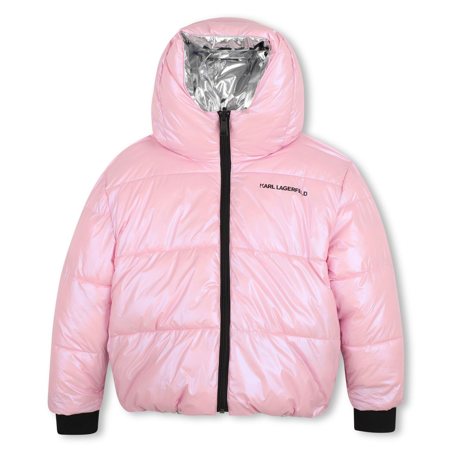 Girls Silver & Pink Reversible Puffer Jacket, 1, hi-res