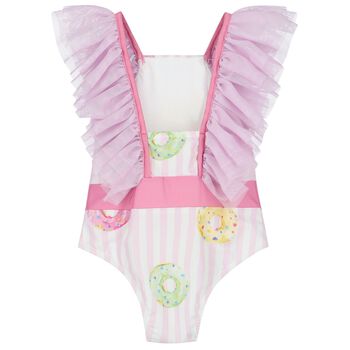 Girls White & Pink Striped Donuts Swimsuit