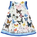 Girls White & Blue Butterfly Print Cotton Dress, 1, hi-res