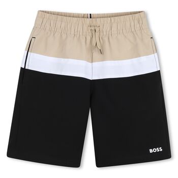 Boys Beige & Black Logo Swim Shorts