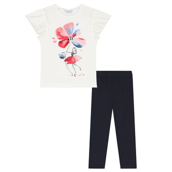 Girls White & Navy Blue Floral Leggings Set