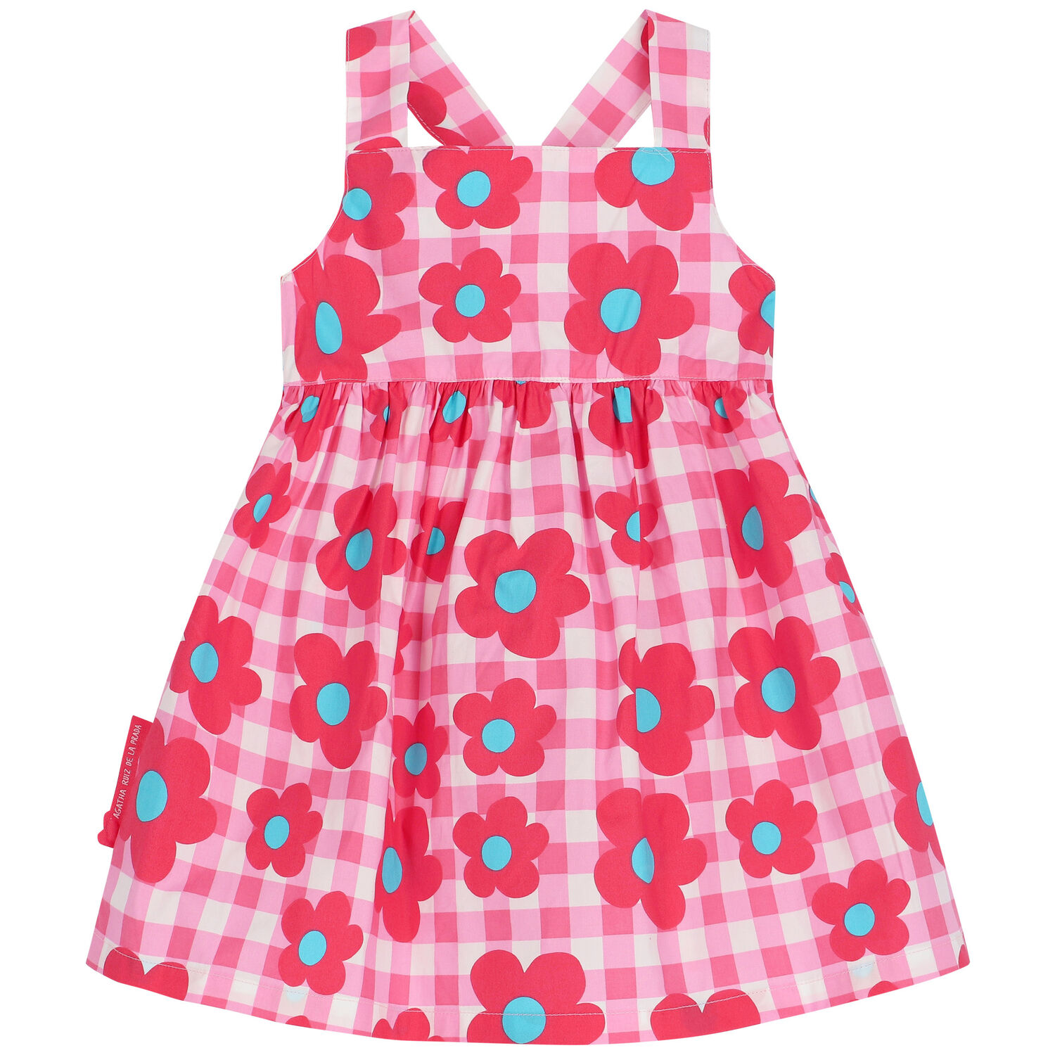Girls Pink Gingham & Flower Dress, 1, hi-res