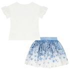 Girls White & Blue Butterfly Skirt Set, 1, hi-res