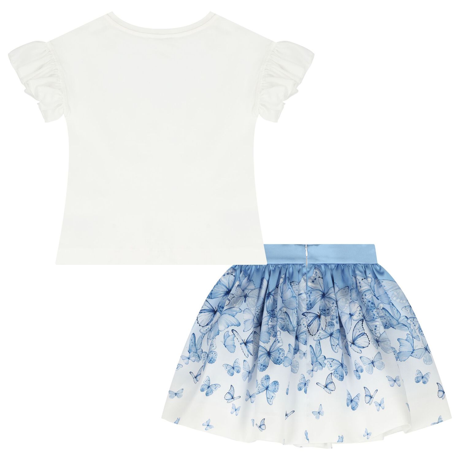 Girls White & Blue Butterfly Skirt Set, 1, hi-res image number null