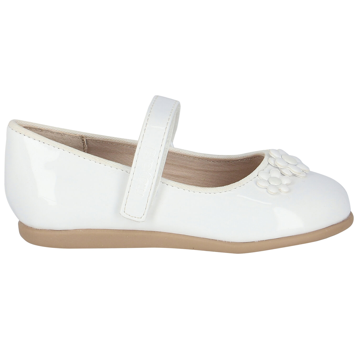 Younger Girls White Patent Flower Ballerina Shoes, 1, hi-res