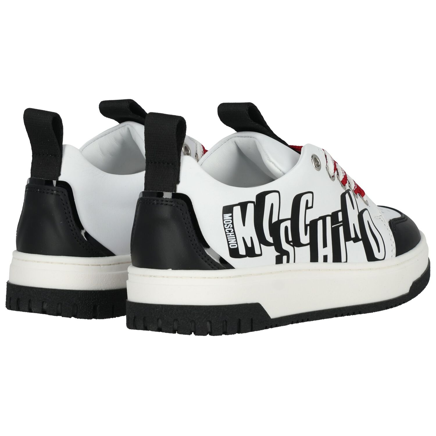 White & Black Logo Leather Trainers, 1, hi-res