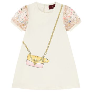 Younger Girls Ivory Bag Logo Dress