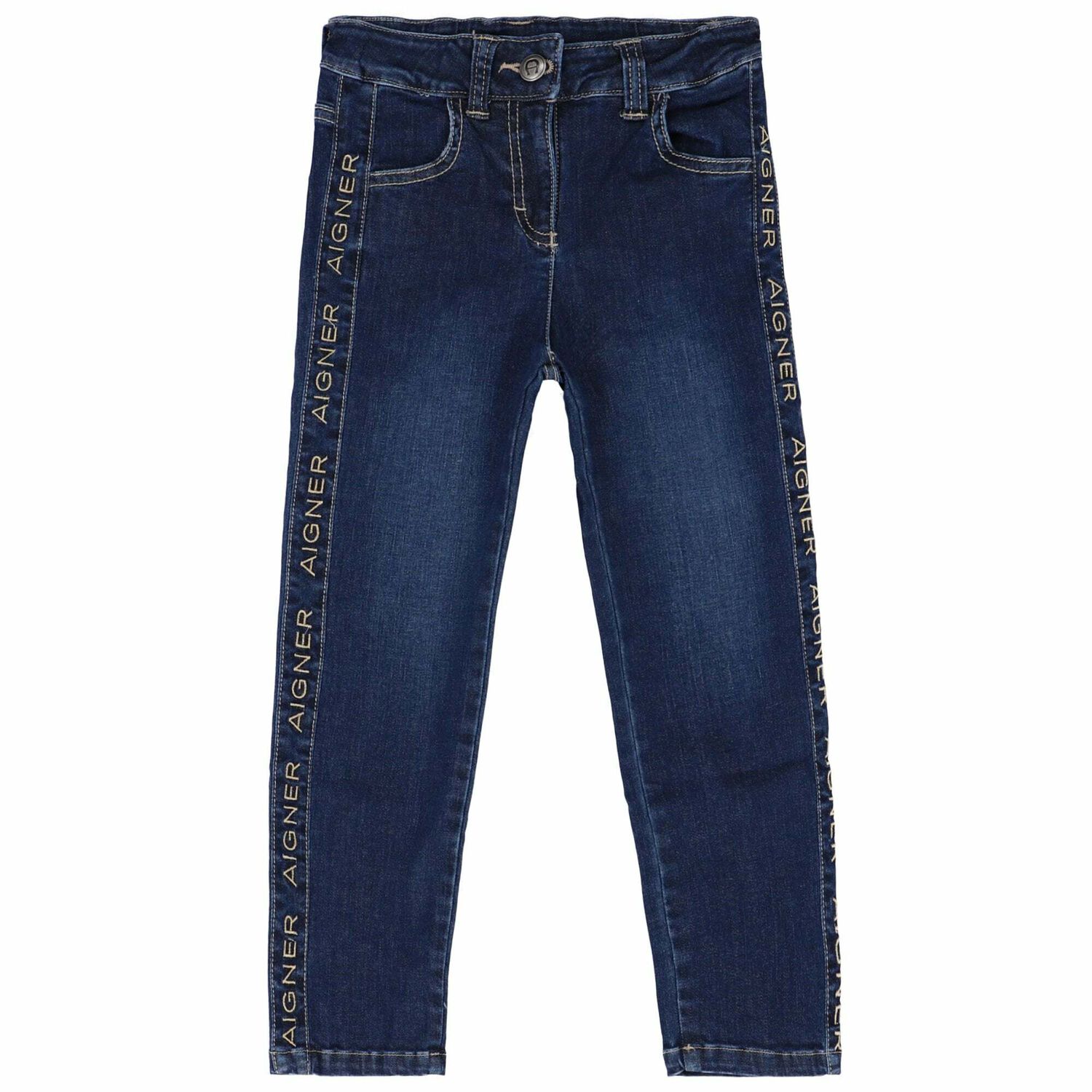 Girls Blue & Gold Logo Jeans, 1, hi-res