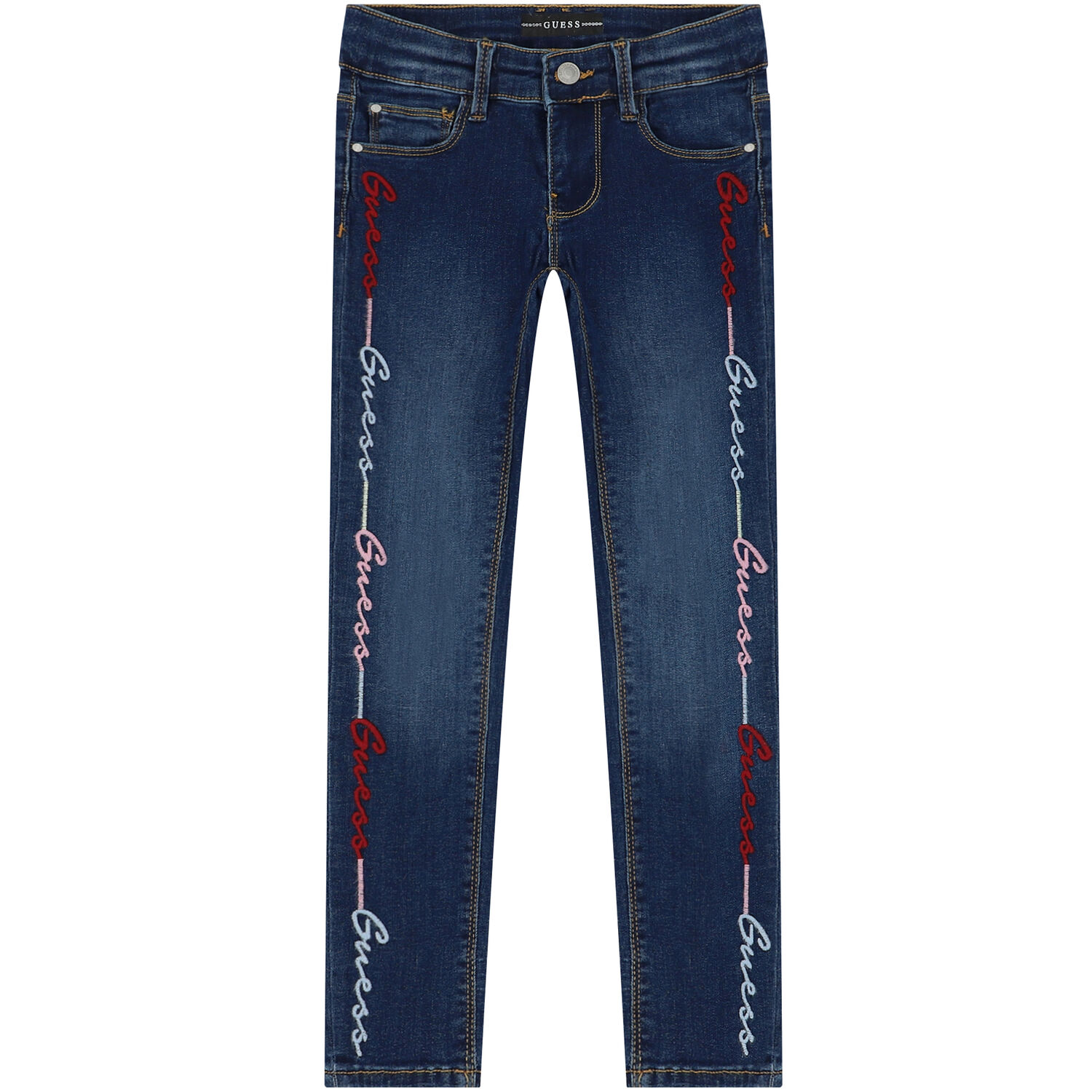 Girls Blue Denim Logo Skinny Jeans, 1, hi-res