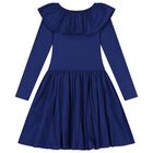 Girls Blue Ruffled Long Sleeve Dress, 3, hi-res