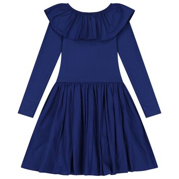 Girls Blue Ruffled Long Sleeve Dress