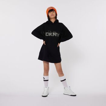 Girls Black Rhinestone Logo Hooded Dress