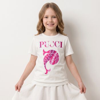 Girls White Embroidered Logo T-Shirt