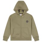 Boys Beige Logo Hooded Zip Up Top , 1, hi-res